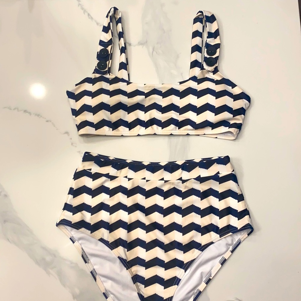 Navy tan and white high waited bikini